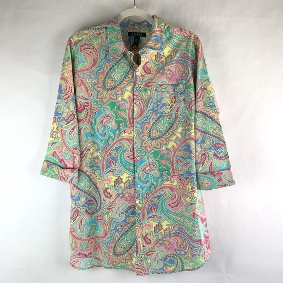 Ralph Lauren Paisley Shirt Dress Tunic Multicolor Sz L Cotton Monogram Old Money - Picture 1 of 11